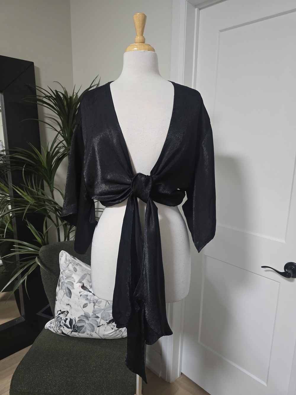 Black Satin Tie-Front Top